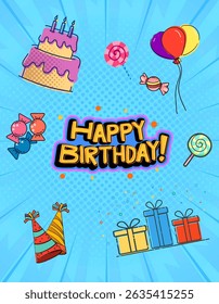 Happy birthday greeting card with balloons, cake and gifts at blue background. ( original illustration, not AI-generated )
