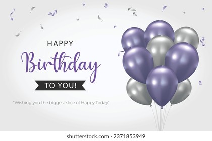 Happy Birthday Greeting Card and Banner Design. Birthday Party Celebration Background with Purple and Silver Balloons. Happy Birthday Text Vector Illustration