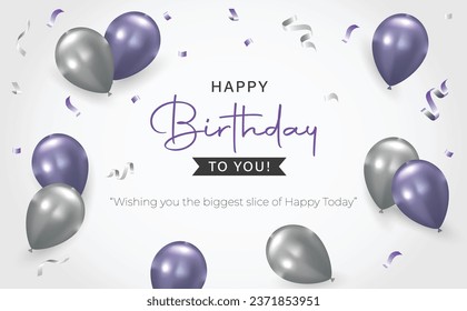 Happy Birthday Greeting Card and Banner Vector Illustration. Birthday Party Celebration Background with Purple and Silver Balloons. Happy Birthday Text