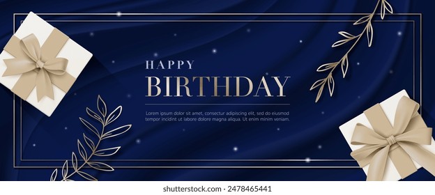 Happy birthday greeting card banner template, Luxury gold Leaves and gift box on blue wave fabric background for invitation luxury modern party event poster, celebration card, advertising. Vector