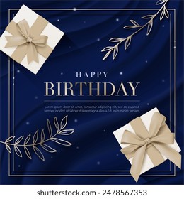 Happy birthday greeting card banner template, Luxury gold Leaves and gift box on blue wave fabric background for invitation luxury modern party event poster, celebration card, advertising. Vector