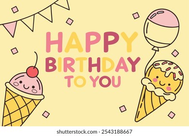 Happy birthday greeting card banner design. Birthday greeting text with ice cream characters, pennants and balloons decoration elements in yellow background. Vector illustration 