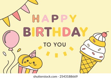 Diseño de Anuncio de tarjeta de felicitación de feliz cumpleaños. Texto de felicitación de cumpleaños con personajes de helado, banderines y globos Elementos de decoración en fondo amarillo. Ilustración vectorial 