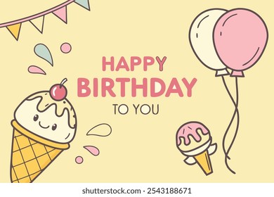 Diseño de Anuncio de tarjeta de felicitación de feliz cumpleaños. Texto de felicitación de cumpleaños con personajes de helado, banderines y globos Elementos de decoración en fondo amarillo. Ilustración vectorial 