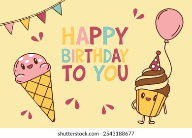 Diseño de Anuncio de tarjeta de felicitación de feliz cumpleaños. Texto de felicitación de cumpleaños con personajes de helado, banderines y globos Elementos de decoración en fondo amarillo. Ilustración vectorial 