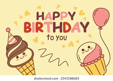 Diseño de Anuncio de tarjeta de felicitación de feliz cumpleaños. Texto de felicitación de cumpleaños con personajes de helado, banderines y globos Elementos de decoración en fondo amarillo. Ilustración vectorial 