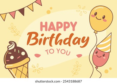 Diseño de Anuncio de tarjeta de felicitación de feliz cumpleaños. Texto de felicitación de cumpleaños con personajes de helado, banderines y globos Elementos de decoración en fondo amarillo. Ilustración vectorial 