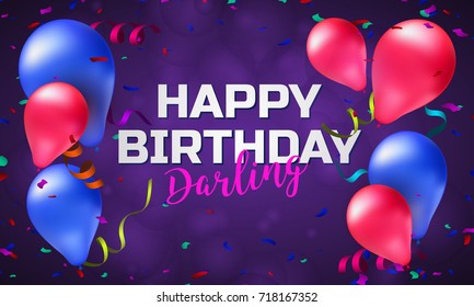 Happy birthday greeting card or banner with colorful balloons, confetti and place for your text. Vector illustration horizontal design template