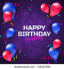 Happy birthday greeting card or banner with colorful balloons, confetti and place for your text. Vector illustration design template