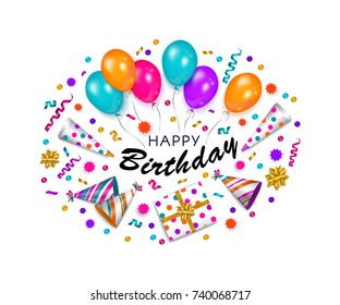 Happy Birthday greeting card, banner, poster design with realistic cake, present box, party hat, horn, balloon and lettering, vector illustration isolated on white background. Birthday greeting card