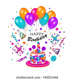 Happy Birthday greeting card, banner, poster with realistic cake, present box, party hat, shiny balloons, confetti, lettering, vector illustration isolated on white background. Birthday greeting card