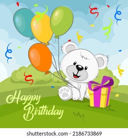 Happy birthday greeting card with a bear, gifts, balloons.