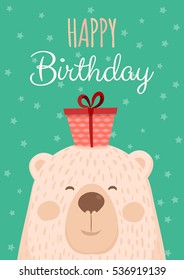 happy birthday greeting card with bear and stars. vector illustration