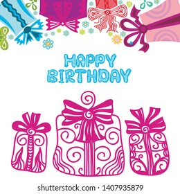 Happy birthday greeting card with beautiful gifts. Vector illustration