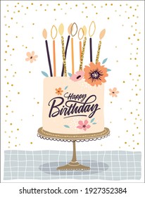 Happy Birthday greeting card with a beautiful cake with candles