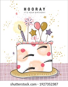 Happy Birthday greeting card with a beautiful cake with candles