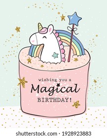 Happy Birthday greeting card with a beautiful unicorn birthday cake. Wishing you a magical birthday.