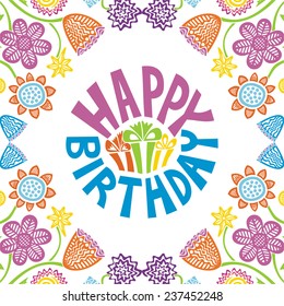 Happy birthday greeting card with beautiful flowers vector illustration