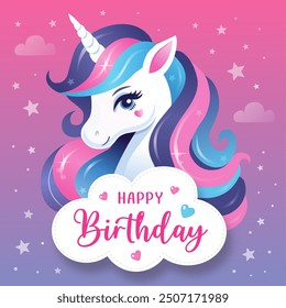 Happy birthday greeting card, with a beautiful unicorn