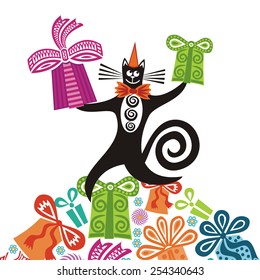 Happy birthday greeting card with beautiful cat and gifts vector illustration
