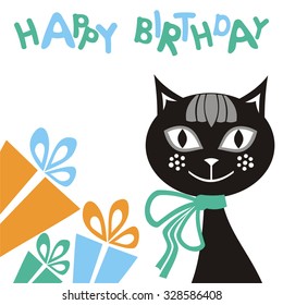 Happy birthday greeting card with beautiful cat and gifts vector illustration