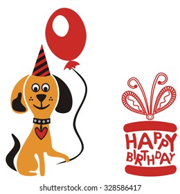 Happy birthday greeting card with beautiful dog and gifts vector illustration