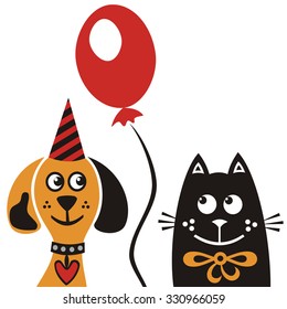 Happy Birthday Greeting Card With Beautiful Dog And Cat Vector Illustration
