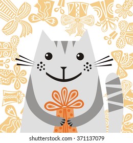 Happy birthday greeting card with beautiful cat vector illustration