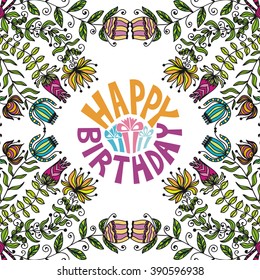 Happy birthday greeting card with beautiful gifts vector illustration