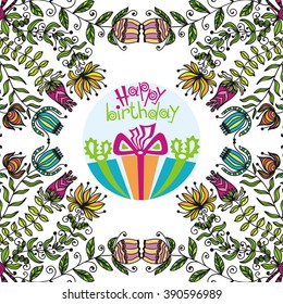Happy birthday greeting card with beautiful gifts vector illustration