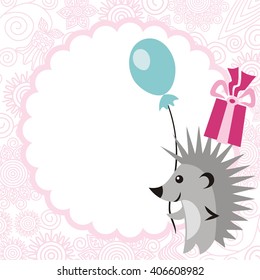Happy birthday greeting card with beautiful hedgehog gift and balloon vector illustration