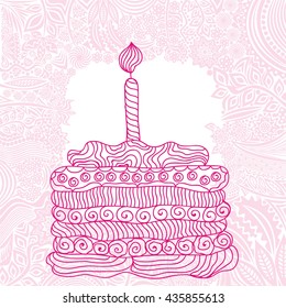 Happy birthday greeting card with beautiful cake. Vector illustration