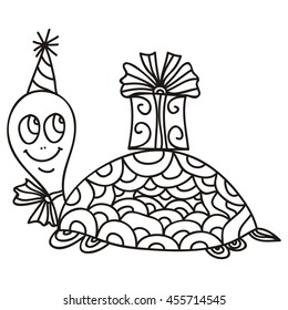 Happy birthday greeting card with beautiful turtle and gift. Vector illustration.