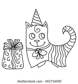 Happy birthday greeting card with beautiful cute cat and present. Vector illustration.