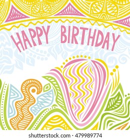 Happy birthday greeting card with beautiful abstract flower. Vector illustration.