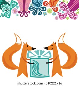 Happy birthday greeting card. Beautiful cute cartoon foxes and gifts. Vector illustration.