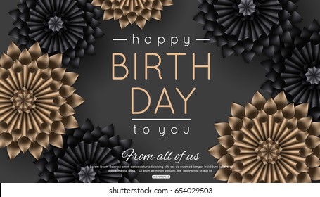 Happy Birthday Greeting Card With Beautiful Black And Gold Paper Flowers. Vector Illustration.