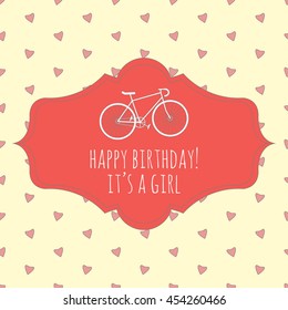 Happy birthday greeting card with bicycle and pink hearts. Vector illustration