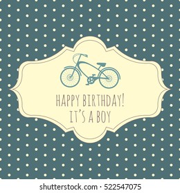 Happy birthday greeting card with bicycle and dots. Vector illustration