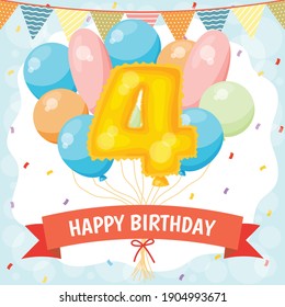 Happy birthday greeting card with big foil number balloon, colorful balloons, garlands decorations and confetti. vector illustration