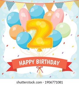 Happy birthday greeting card with big foil number balloon, colorful balloons, garlands decorations and confetti. vector illustration