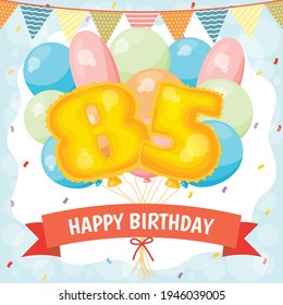 Happy birthday greeting card with big foil number balloon, colorful balloons, garlands decorations and confetti. vector illustration