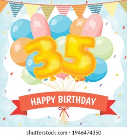 Happy birthday greeting card with big foil number balloon, colorful balloons, garlands decorations and confetti. vector illustration