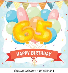 Happy birthday greeting card with big foil number balloon, colorful balloons, garlands decorations and confetti. vector illustration
