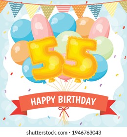 Happy birthday greeting card with big foil number balloon, colorful balloons, garlands decorations and confetti. vector illustration