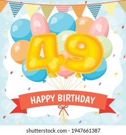 Happy birthday greeting card with big foil number balloon, colorful balloons, garlands decorations and confetti. vector illustration