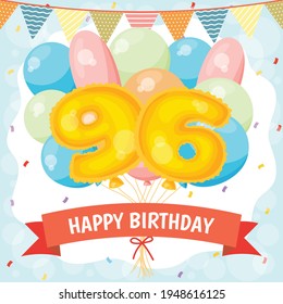 Happy birthday greeting card with big foil number balloon, colorful balloons, garlands decorations and confetti. vector illustration