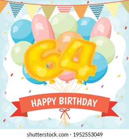 Happy birthday greeting card with big foil number balloon, colorful balloons, garlands decorations and confetti. vector illustration