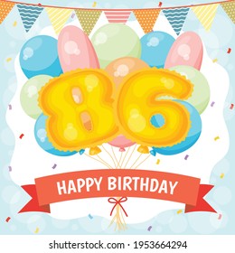 Happy birthday greeting card with big foil number balloon, colorful balloons, garlands decorations and confetti. vector illustration