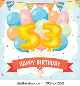 Happy birthday greeting card with big foil number balloon, colorful balloons, garlands decorations and confetti. vector illustration